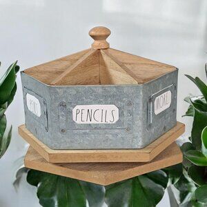 Rae Dunn Galvanized Steel & Wood Metal Rotating Spinning Rustic Desk Organizer